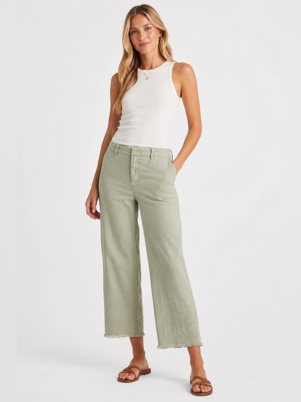 Frank & Eileen Kinsale Sage Linen Blend Cropped Wide Leg Pants Size 4 USA Made